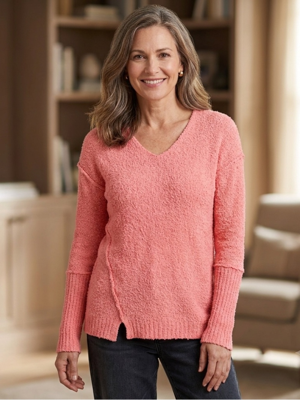NWT Caslon Coral Pink V-Neck Pullover Sweater, Boucle Tunic, Women’s XS, Fall